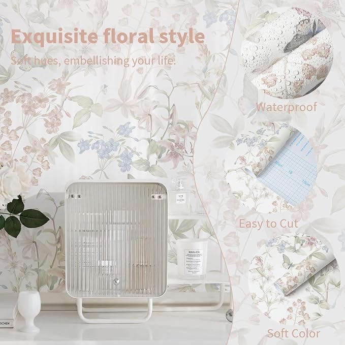 Dimoon 197"x17.3" Floral Wallpaper Pink Peel and Stick Wallpaper White Boho Contact Paper Botanical Wildflower Morden Cottage Renter Friendly Bathroom Flower Kitchen Self Adhesive Vinyl Roll - Image 8
