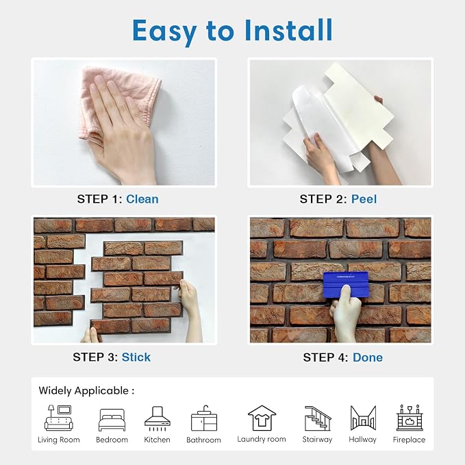 COMSTICKC 3D Peel and Stick Faux Brick Wall Panels for Quick DIY Wall Decor | Brown, 10 Pcs 11.8" x 11.8", Not Real Brick, Small Size Brick, Lightweight Thin PVC Decorative Wall Sticker, Cover 9.7 sq ft - Image 6