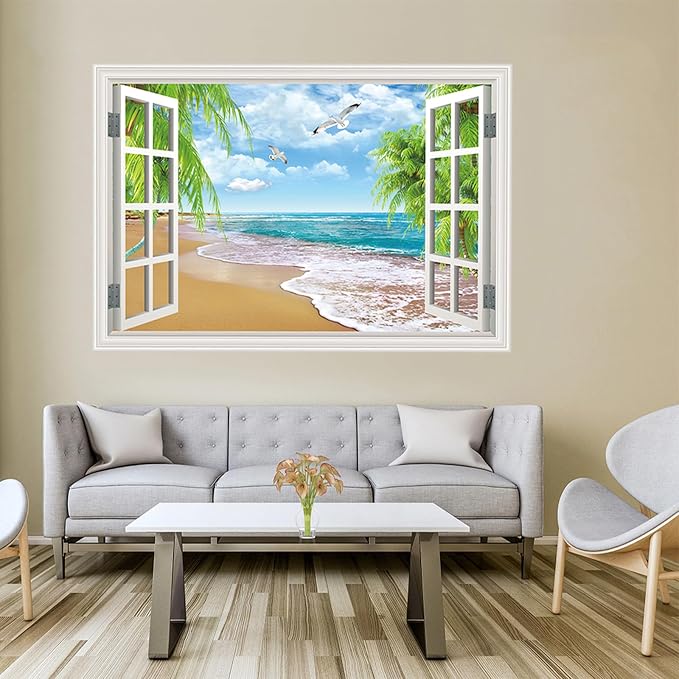 Fake Window Wall Decal- Summer Beach Ocean Coconut Trees Open Wall Sticker | Faux Window Natural Scenery Landscape Art Mural｜Stick and Peel Wall Decals｜for Room Bedroom Office Scene Picture Decor｜24"x16 - Image 6
