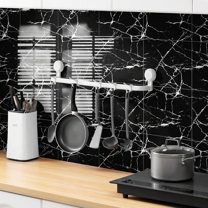 Chejiaye 10pcs Marble Peel and Stick Backsplash Waterproof Washroom Wall Panels, Peel and Stick Tile, PVC Wall Panels for Kitchen (Black Marble Tiles, 11.8" x 11.8" x2.5MM x 10Pack) - Image 2