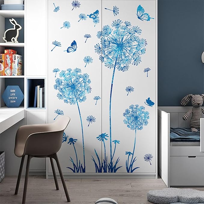 Arawat Dandelion Flower Stickers Blue Butterflies Wall Decor for Bedroom Office Bathroom Living Room Floral Wall Decal Removable Peel and Stick Room Decor - Image 7