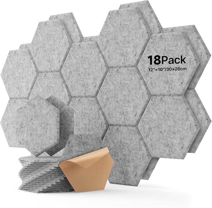 Soundsbay Hexagon Acoustic Panels, Self-Adhesive 18 Pack Sound Panels | 150kg/m³ High-Density Polyester, Covers 15 sq ft Soundproof Wall Panels for Walls, Office, Ceiling 12" X 10" Gray by Soundsbay