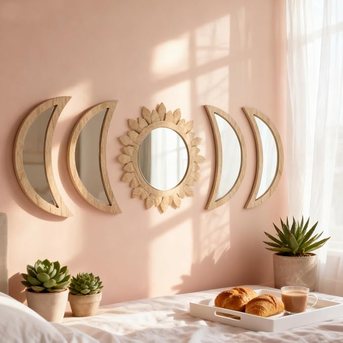 5 Pieces Moon Phase Mirror Wall-Mounted Wall Decor Mirrors Natural Wooden Sunburst Bohemian Wall Art for Home Living Room Bedroom Decoration (Natural) - Image 4
