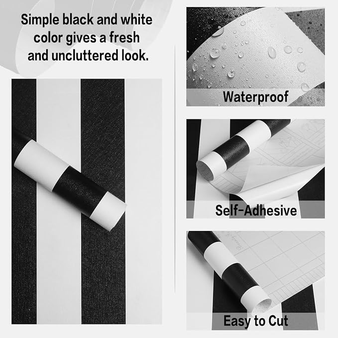 Jeweluck Black and White Striped Wallpaper Peel and Stick Wallpaper Vinyl | 17.7”x393.7” Striped Contact Paper Stripe Wallpaper Waterproof Removable Self Adhesive Wall Paper for Bathroom Decor Vinyl - Image 5