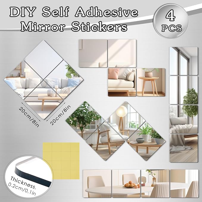 4 Pack Acrylic Mirrors Sheets Self Adhesive 8 x 8 Inch Wall Mirror Tiles - Image 3
