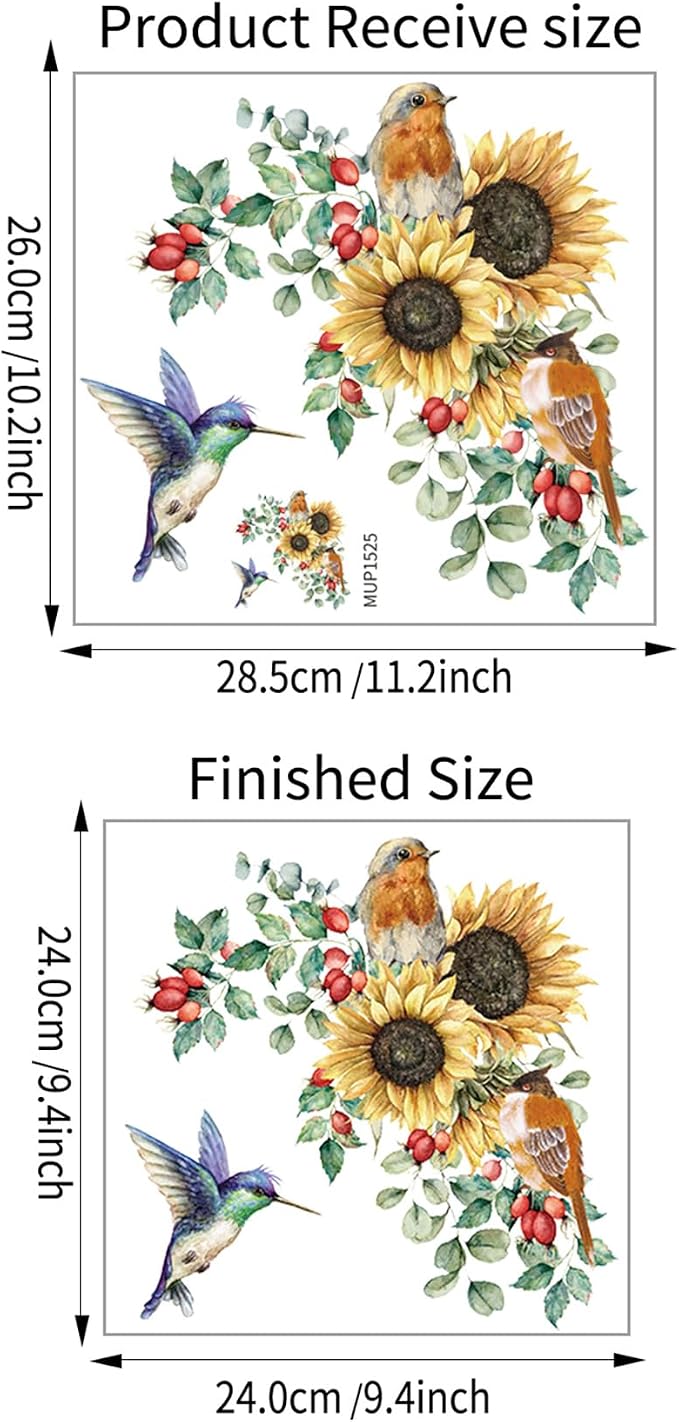 Sunflower Wall Stickers & Murals Bird Wall Decals Peel and Stick Yellow Flower Window Clings Watercolor Hummingbird Art Decor Wall Clings Kitchen Cabinet Decals for Bathroom Toilet Tank Girls Bedroom - Image 7