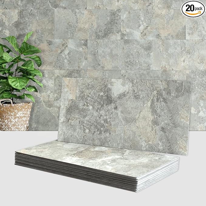 AULIGET 6" x 12" Peel and Stick Backsplash Wall Tiles, Grey & Beige Slate PVC Faux Stone Stick on Tiles for Backsplash Kitchen (Pack of 20) by AULIGET