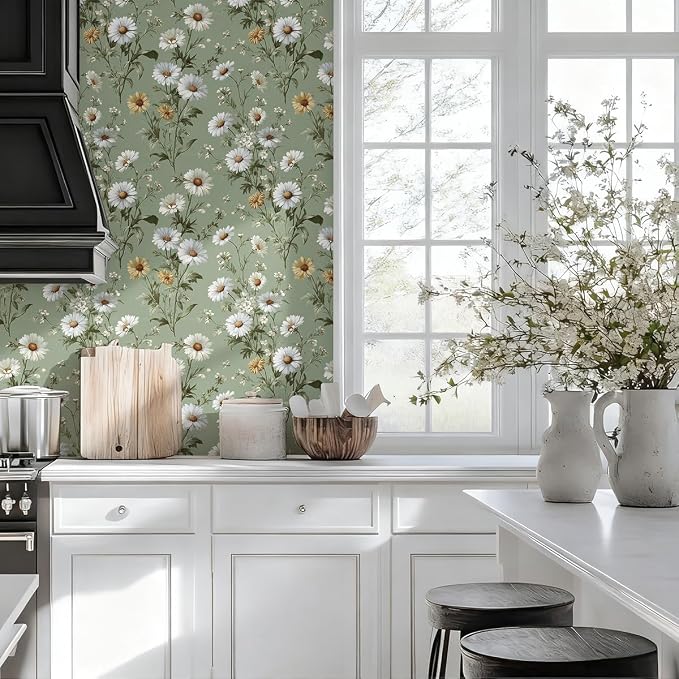 Livebor Floral Peel and Stick Wallpaper Green Wallpaper 16.9in x118.1in | Daisy Floral Contact Paper Flower Wallpaper Peel and Stick Modern Self Adhesive Removable Wall Paper for Bedroom Vinyl - Image 5