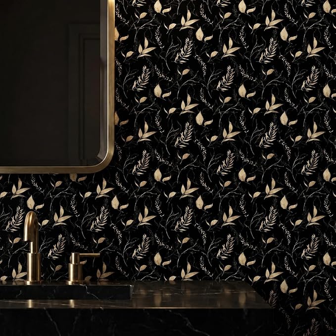 Dark Black and Gold Leaf Peel and Stick Wallpaper 17.7" x 70.8" | Self-adhesive removable waterproof leaf design for bedroom accent walls and renter friendly spaces - Image 7