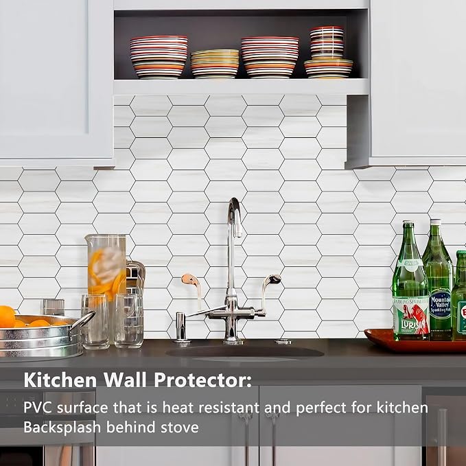 Vamos Tile Long Hexagon Peel and Stick Backsplash Tile - 10 Sheets Stick on Backsplash for Kitchen and Bathroom 12.4 x 12 Inch Dolomite Marble Look PVC Self Adhesive Mosaic Wall Tiles - Image 2