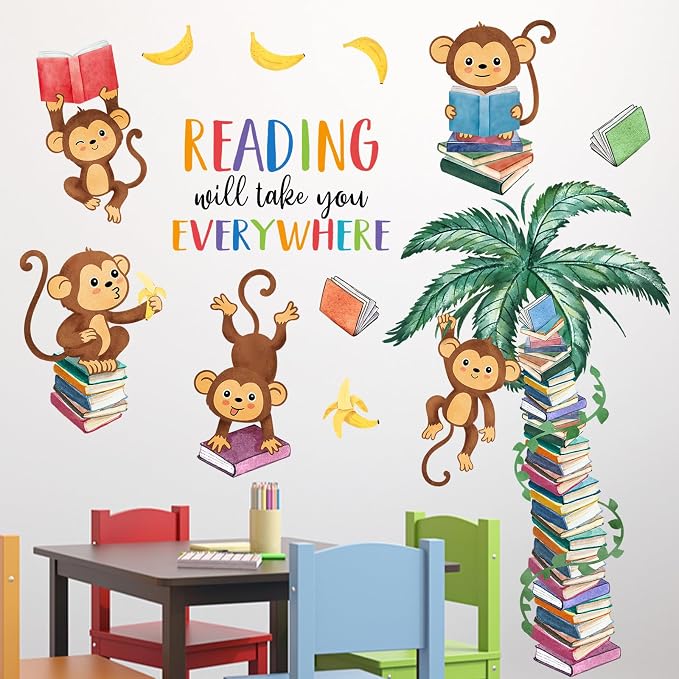 Mfault Monkey Reading Book Wall Decals Stickers, Reading Will Take You | Everywhere Nursery Classroom Decorations Bedroom Art, Jungle Animal Inspirational Neutral Toddlers Kids Room Reading Corner by Mfault
