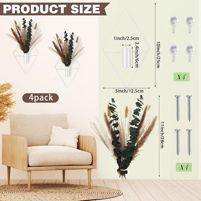 Jexine 8 Pcs Hanging Artificial Planters Wall Decor, White, Pampas | Bathroom Wall Decor, Geometric Metal Vase, Indoor Plants, Living Room, Home Office, Entryway, Boho Accent, Wall Mounted - Image 2