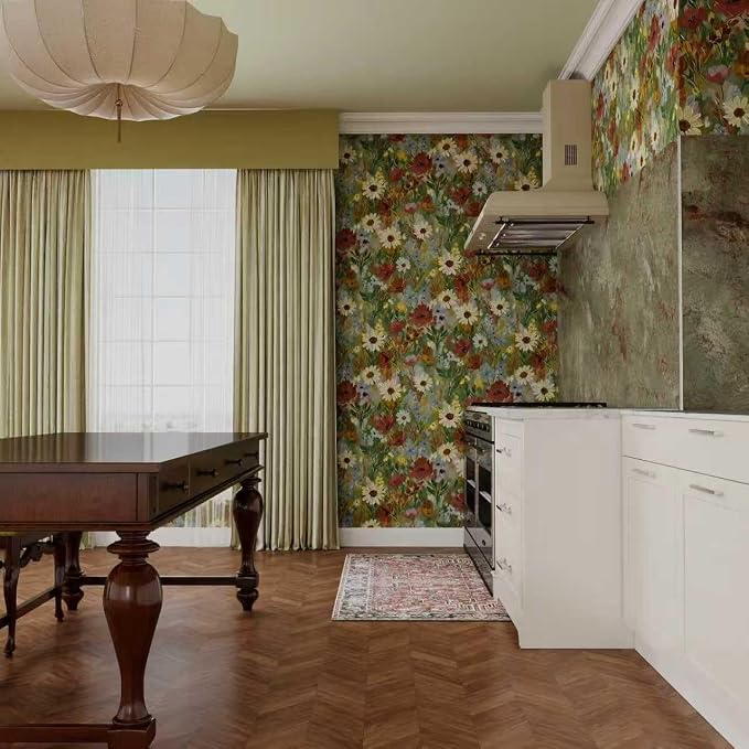 17.7" x 118" Wallpaper Peel and Stick Floral Wall Paper Removable Waterproof Vintage Floral Contact Paper for Bedroom, Bathroom,Bathroom, Home Wall - Image 7