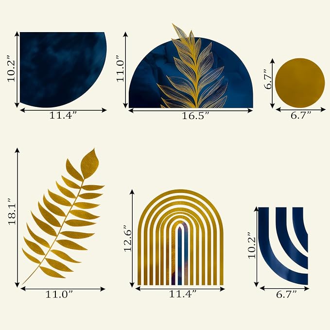 Boho Mid-Centry Morden Abstract Arch Palm Leaf Geometric Wall Decals Decor | Luxury navy blue gold abstract palm leaves botanical circle removable vinyl wall stickers mural for living room bedroom - Image 2