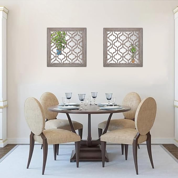 Yudarte 2pcs Set Square Moroccan Cutout Wall Mirror Decor - Farmhouse Rustic Decorative Mirrors for Bedroom Bathroom Living Room Kitchen Entryway 12x12 Inches - Image 2