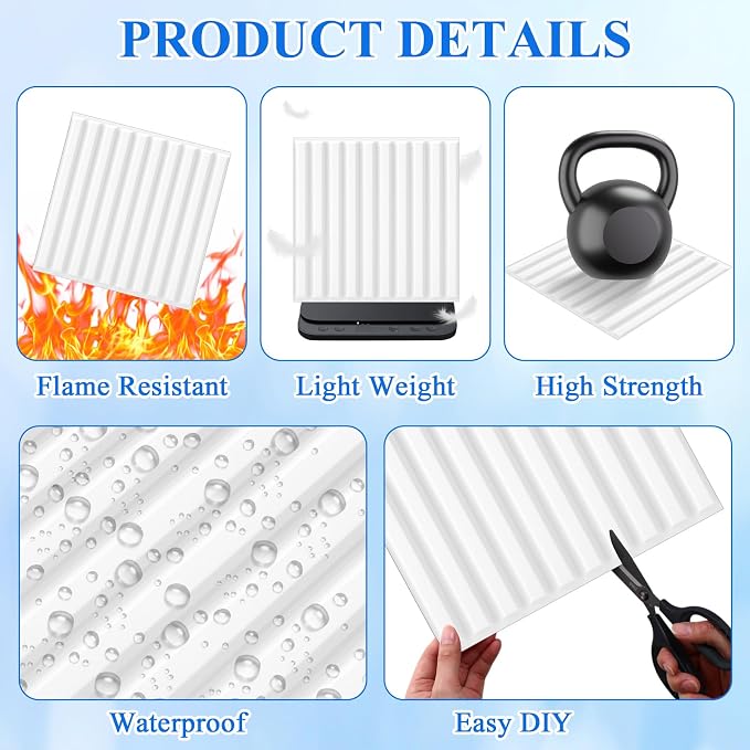Nuanchu 32 Pcs 3D Wall Panels, 12"x12" PVC Fluted Tiles, White | Waterproof Accent Panels, Paintable Wall Tiles, for TV Background, Bedroom, Bathroom, Gaming Room, Cuttable Home DIY Decor - Image 3