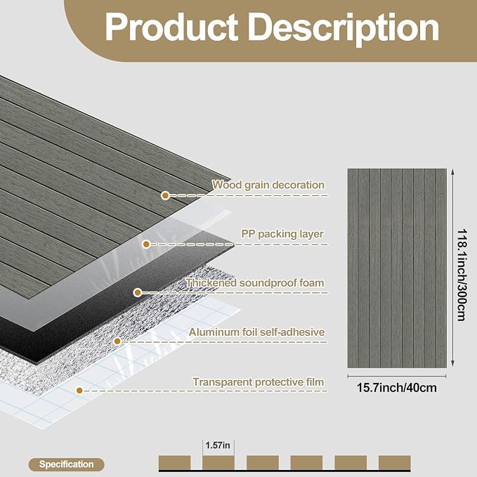 Chejiaye Peel and Stick 3D Wall Panel -15.75"x118"Soundproof Self-Adhesive Wall Sticker, Removable Thick PVC Slat Contact Paper for Kitchen Bedroom,Ceiling Wall Decoration Wood Grain (Dark Grey) - Image 4