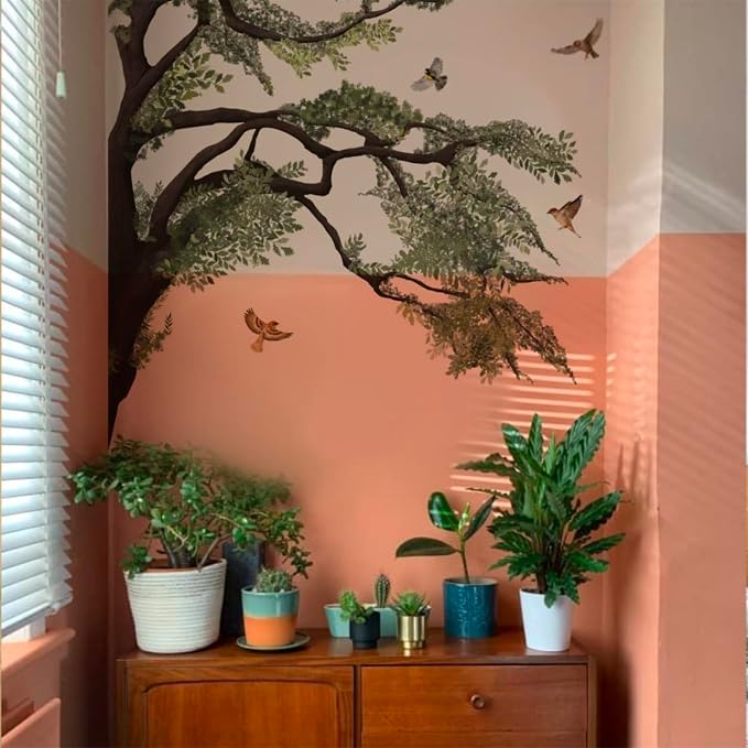 4.8 Ft x 4.6 Ft Oak Tree Wall Decals, Muted Vintage for Teen Room | Woodland Oak Tree Peel and Stick Mural, Bird on Branch, Calming Decor for Teen Study Room, Classroom and Reading Nook by astrkiz
