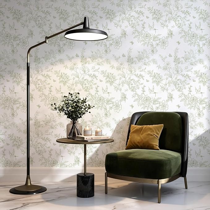 Froluya Green and White Peel and Stick Floral Wallpaper 17.7in×196.8in | Boho Floral Self Adhesive Wallpaper Vintage Flower Bird Removable Contact Paper for Bathroom Shelf Liner Cabinets Vinyl - Image 8