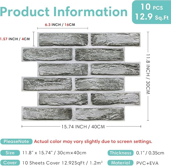 Commomy 3D Faux Brick Peel and Stick Wall Sticker - 10pcs 15.74" x 11.8" | Ultralight Thin PVC Wall Panels Fake Brick Wallpaper Tiles for Kitchen,Bedroom,Quick DIY Home Decor(12.92 sq.ft) - Image 5