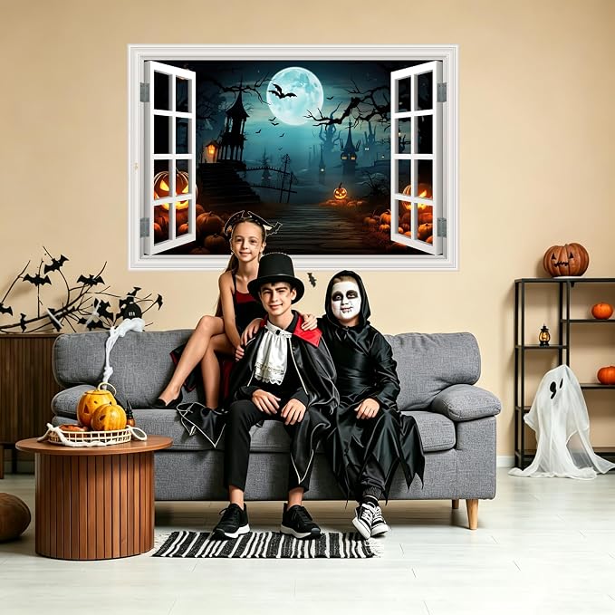 Halloween Decorations Decal Scary Fake Window Halloween Party Decor Sticker | ｜Full Moon Night View Terror Castle Pumpkin Bat Spooky Wall Art Poster Mural ｜ Peel and Stick Decals｜48"x32",Set of 2 Sheets - Image 4