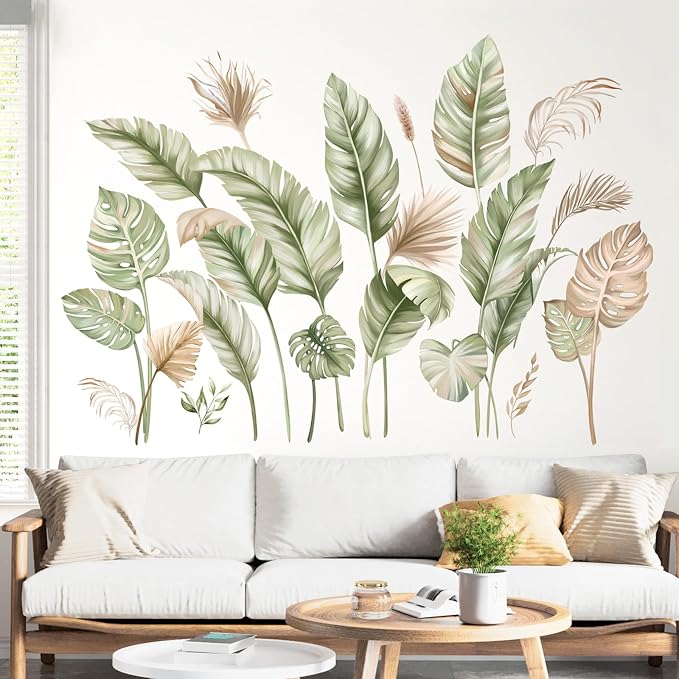 wondever Boho Palm Leaves Wall Decals Tropical Green Plants Wall Stickers | Peel and Stick, Removable, Wall Art Decals, Wall Decoration, Living Room Bedroom, Office Sofa TV Home Wall Decor - Image 3