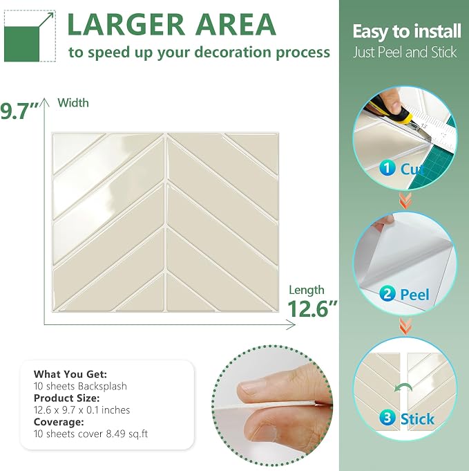 STICKGOO Herringbone Peel and Stick Backsplash, Light Gray Beige, 10 Sheets | 12.6 x 9.7 in, Thicker Rectangular Vinyl Stick-On Wall Tiles, Easy Alignment, Waterproof, Easy to Clean, Kitchen/Bathroom - Image 6