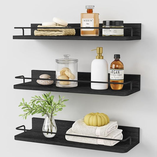 Forbena Black Floating Shelves for Wall, Bahtroom Wall Shelves Over Toilet, Rustic Hanging Shelf with Lip Rail for Bedroom Kitchen Office Living Room Picture Photo Decor, 17 Inch Long-Set of 3 by Forbena
