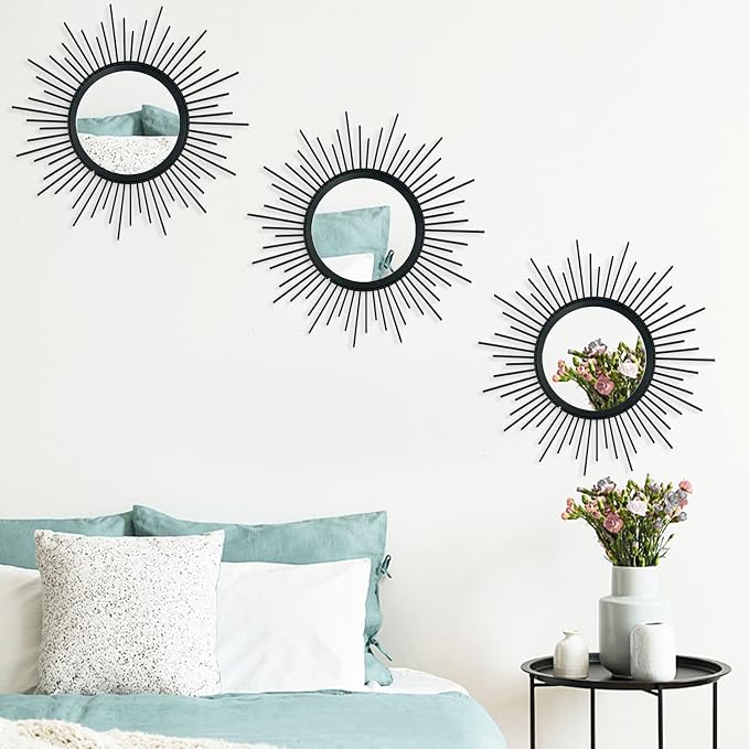 3 Pack Metal Mirrors for Wall Sunburst Wall Mirrors Home Décor Decorative Hanging Wall Art for Living Room Bedroom Entryway (Black, Sunburst) - Image 3