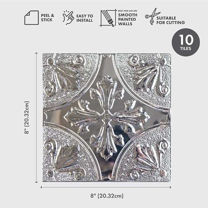 Peel and Stick Metal Backsplash Tiles, Silver Fleur, 10-Pack | 8 x 8 in tile size; Covers up to 4.44 sq ft; Aluminum; Water-resistant surface; For kitchens, ceilings, DIY projects - Image 2