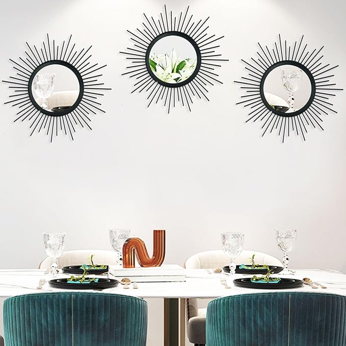 3 Pack Metal Mirrors for Wall Sunburst Wall Mirrors Home Décor Decorative Hanging Wall Art for Living Room Bedroom Entryway (Black, Sunburst) - Image 5