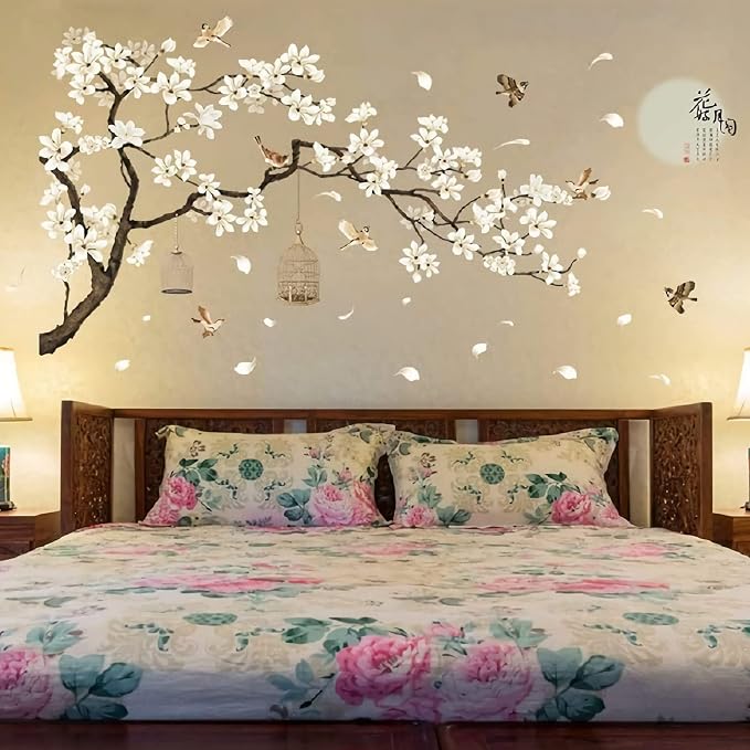 Large White Flower Wall Stickers, 50"x74" Removable DIY Romantic Cherry Blossom Tree Wall Murals Peel and Stick 3D Wall Art Stickers Home Decor for Gilrs Bedroom Nursery Rooms Living Room - Image 4