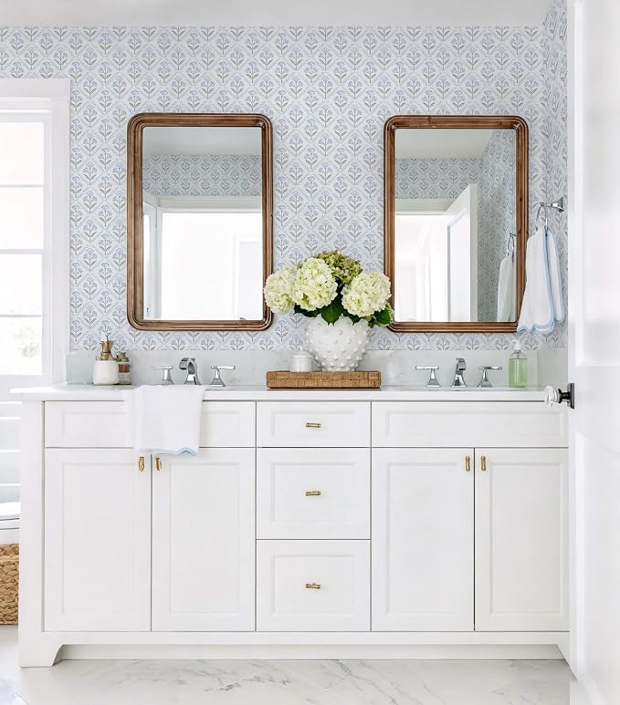 Dimoon Blue Peel and Stick Wallpaper Retro Floral Contact Paper Vintage Boho Cute Wallpaper Renter Friendly Removable Geometric Wall Paper for Bathroom Kitchen Textured Vinyl 17.3''x394'' - Image 8