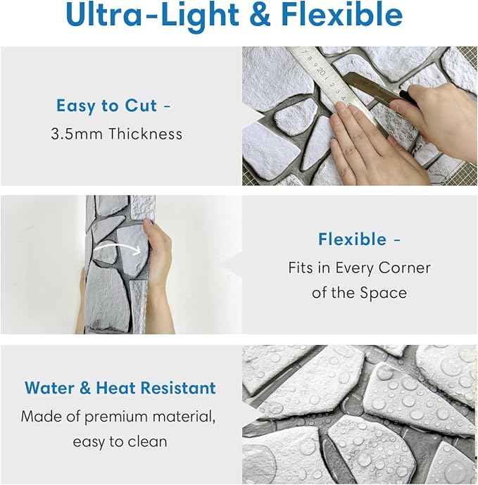 COMSTICKC 3D Faux Stone Wall Panels Peel and Stick, 10 Pcs 11.8" x 11.8" | Gray, Not Real Stone Wallpaper, Fake Stone Decorative Tiles Wall Covering for Quick DIY Wall Upgrades, Cover 9.7 sq ft - Image 4