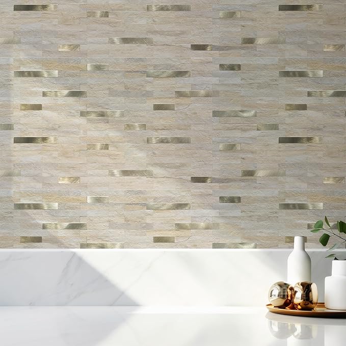 StyloVue 2 Sheets Kitchen Peel and Stick Backsplash Tiles, Beige with Metal Gold Look Stick on Backsplash for Kitchen, RV, Fireplace - Image 7