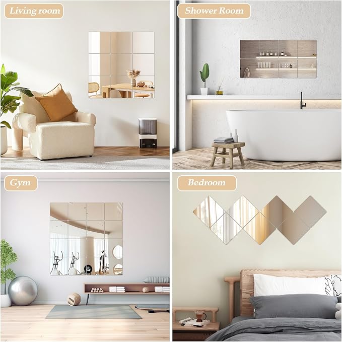 Abyssaly 4 Pack Wall Mirror Full Length, 11.8" x 11.8" Flexible Acrylic Mirror Tiles, Small Plastic Frameless Non-Glass Stick on Espejos Stickers for Bedroom Home Gym Door - Image 5