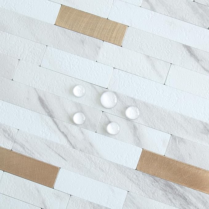 AULIGET 2 Sheets Faux Stone White Marble Peel and Stick Backsplash, PVC Mixed Metal Champagne Gold Wall Tile Stick on Backsplash for Kitchen and Bathroom - Image 3
