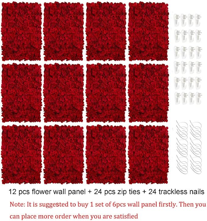 BLOSMON Red Flower Wall Backdrop for Wedding Decor, 12 Pcs, 24 x 16 Inches | Easy to Use, Hydrangea Artificial Flower Panels for Wedding, Bridal Shower, Hanging Fake Silk Floral Backdrop Decor - Image 6