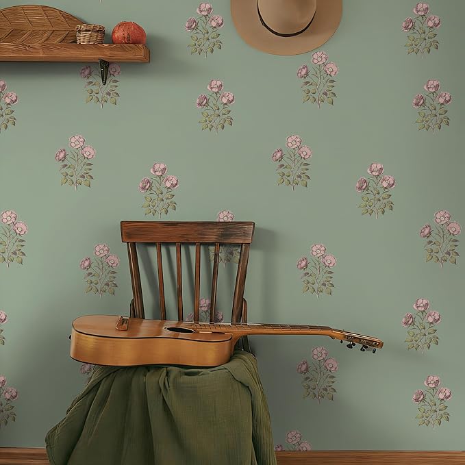 17.3"× 590.5" Vintage Floral Wallpaper Peel and Stick Boho Wallpaper Removable Waterproof Green Rose Pattern Contact Paper for Bedroom, Bathroom, Home Wall - Image 3