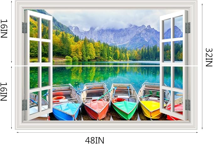 Fake Window Wall Decal- Far Mountains Forest Lakes Boat Open Art Sticker | Faux Window Natural Scenery Landscape Mural ｜ Stick and Peel Wall Decals｜Room Bedroom Office Decor｜48"x32",Set of 2 Sheets - Image 3