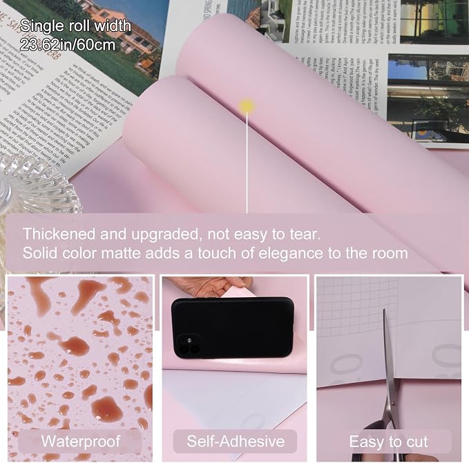 Pink Peel and Stick Wallpaper Solid Pink Contact Paper A Set of 23.6"x472" Matte Self Adhesive Waterproof Vinyl Roll for Wall Coverings,Cabinets,Countertops,Bedroom,Kitchen - Image 2