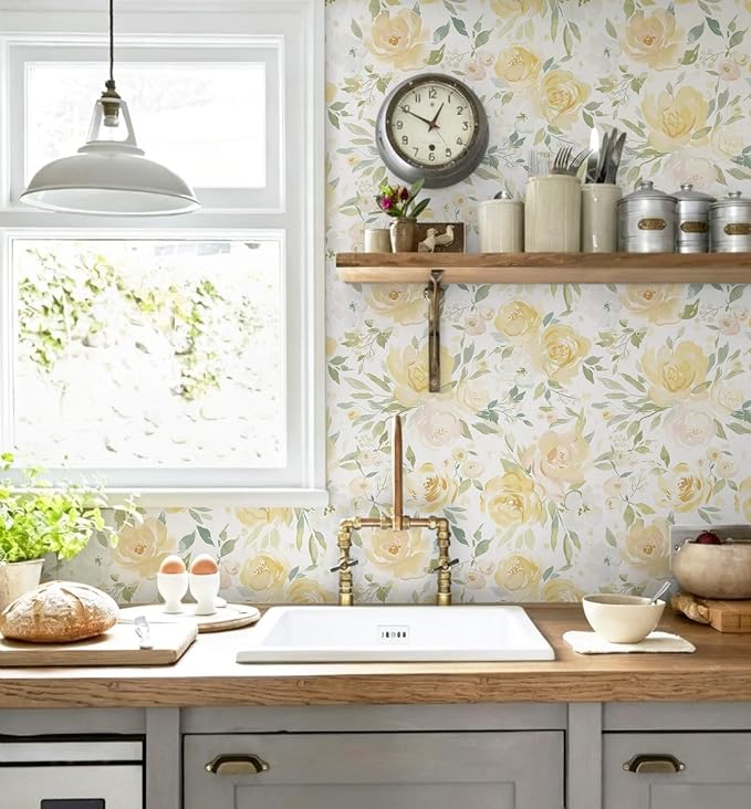 Heroad Yellow Peel and Stick Wallpaper Floral Contact Paper 17.3''x196'' Large Flower Wallpaper Watercolor Removable Self-Adhesive Wall Paper for Cabinets Bedroom Bathroom Waterproof Stick on Walls - Image 8