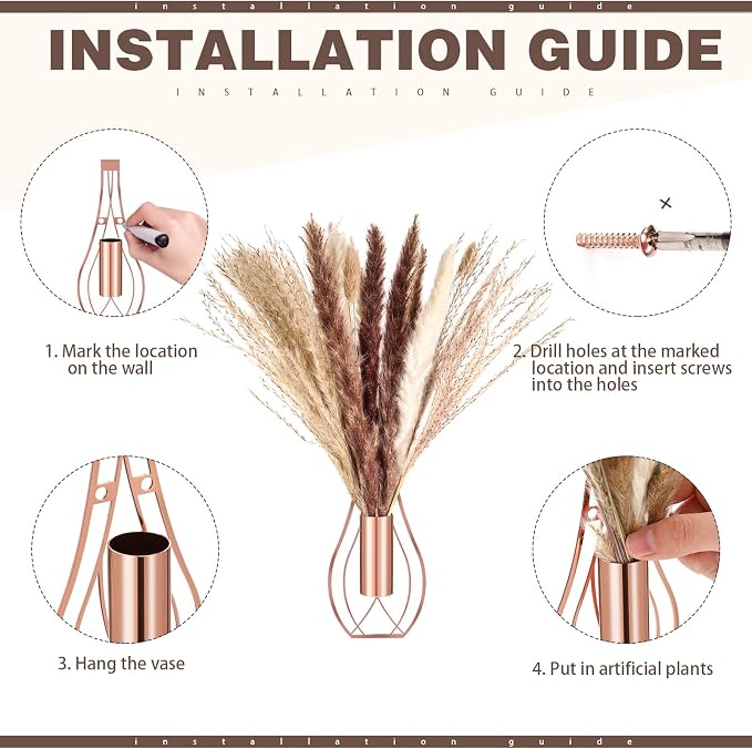 Otoolling Boho Wall Decor Set of 2 – Metal Hanging Wall Art with Faux Pampas or Eucalyptus,Minimalist Bohemian Accent for Living Room, Bedroom, Entryway(Rose Gold,Pampas) - Image 3
