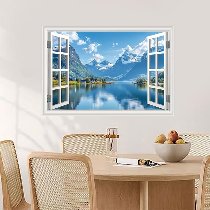Fake Window Poster Wall Mural Sticker Mountain Lake Forest Prints Faux Window Wall Art Picture Decals Decor, Stick and Peel Landscape Natural Scenery 48" x 32" Set of 2 Sheets - Image 3