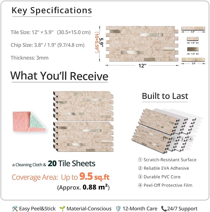 StyloVue 20 Sheets Peel and Stick Backsplash for Kitchen, 2026 Upgraded Classic Travertine Beige with Gold Metal Accents, Stick on Tile for Kitchen Backsplash, RV, Fireplace - Image 4