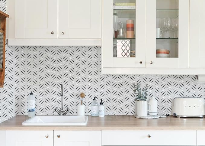 Orainege Black and White Wallpaper Peel and Stick Wallpaper Modern | Herringbone Contact Paper for Bathroom 17.7in x 393.7in Geometric Self Adhesive Wall Paper for Bedroom Living Room Removable - Image 9