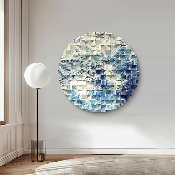 LIUZEYUE Abstract Flow Round Wood Wall Art, White and Blue, 31.5" | River Line Pattern, Modern Circular Wooden Decor, For Living Room Office by Unknown