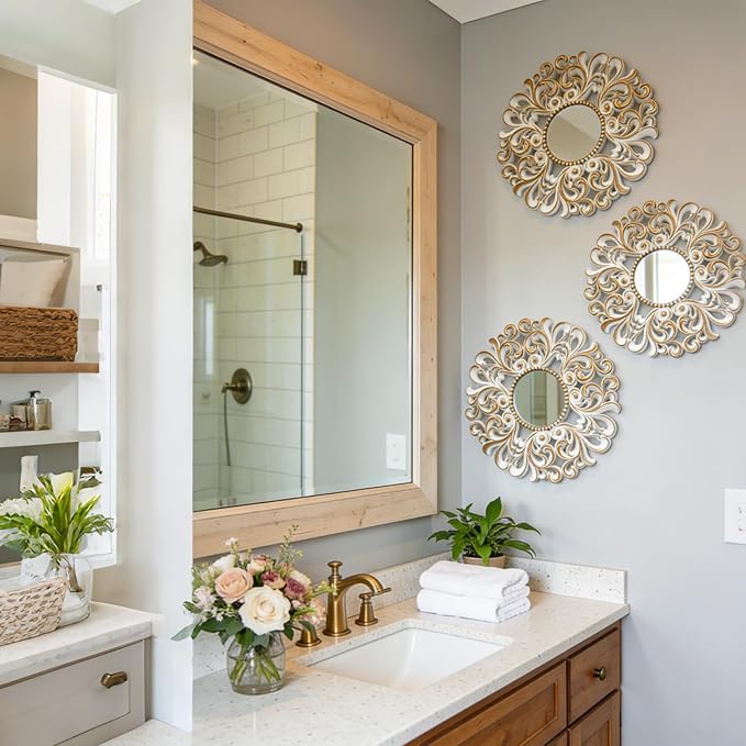 DXYAKY 3 Pack Floral Ornate Decorative Wall Mirror - Elegant White with Gold Accents, 9.8" Plastic Round Mirror Set, Lightweight Wall Art Décor for Bedroom, Bathroom, Living Room & Entryway - Image 7