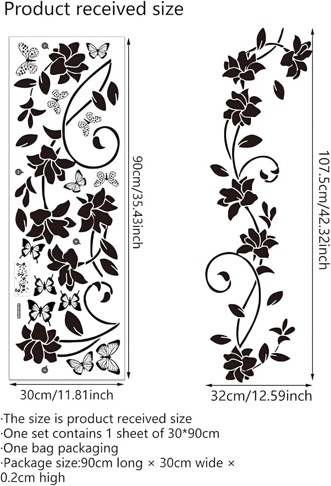 Black Flower Vine Butterfly Wall Stickers Floral Wall Art Decals | Simplicity Minimalist Removable Vinyl Peel and Stick for Bathroom Living Room Bedroom Home Decor - Image 4
