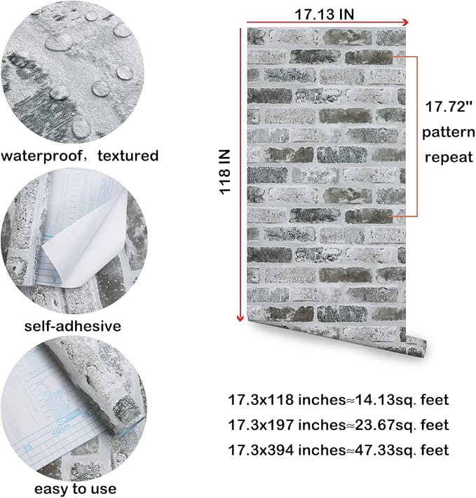 Guvana Grey Brick Wallpaper Peel and Stick Wallpaper 3D Vintage Brick Contact Paper Self Adhesive 17.3"×118" Removable Faux Brick Textured Wallpaper for Kitchen Decor Vinyl Roll | 3D Vintage Brick Contact Paper Self Adhesive Removable Faux Brick Textur... - Image 4
